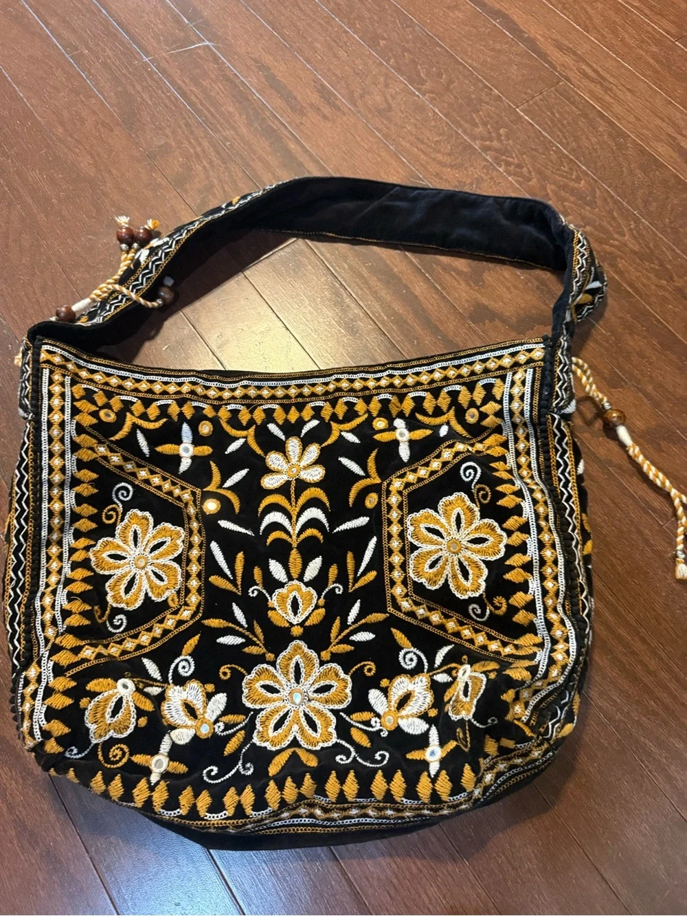 Free People Vic Slouchy Bag velvet with gold and white floral embroidery